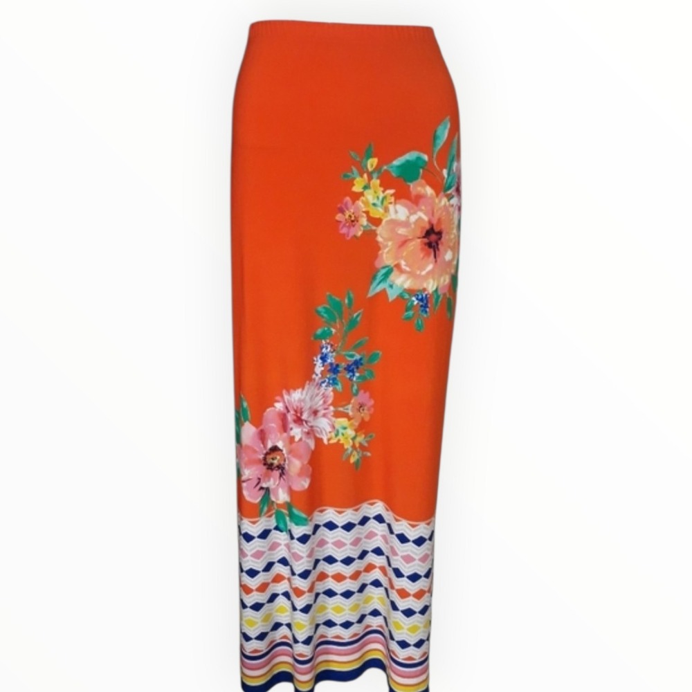 EST. 1946 Women Orange Floral Geometric Border Print Maxi Skirt Plus Size 18/20W